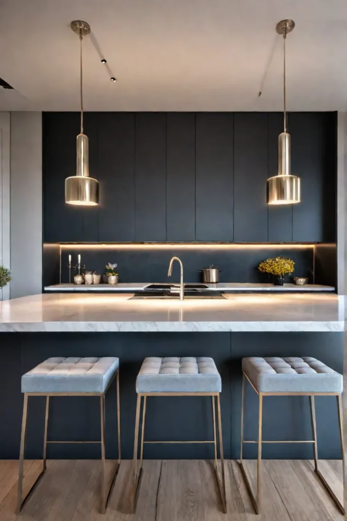 Metallic pendant lights illuminate a contemporary kitchen with clean lines and smooth surfaces