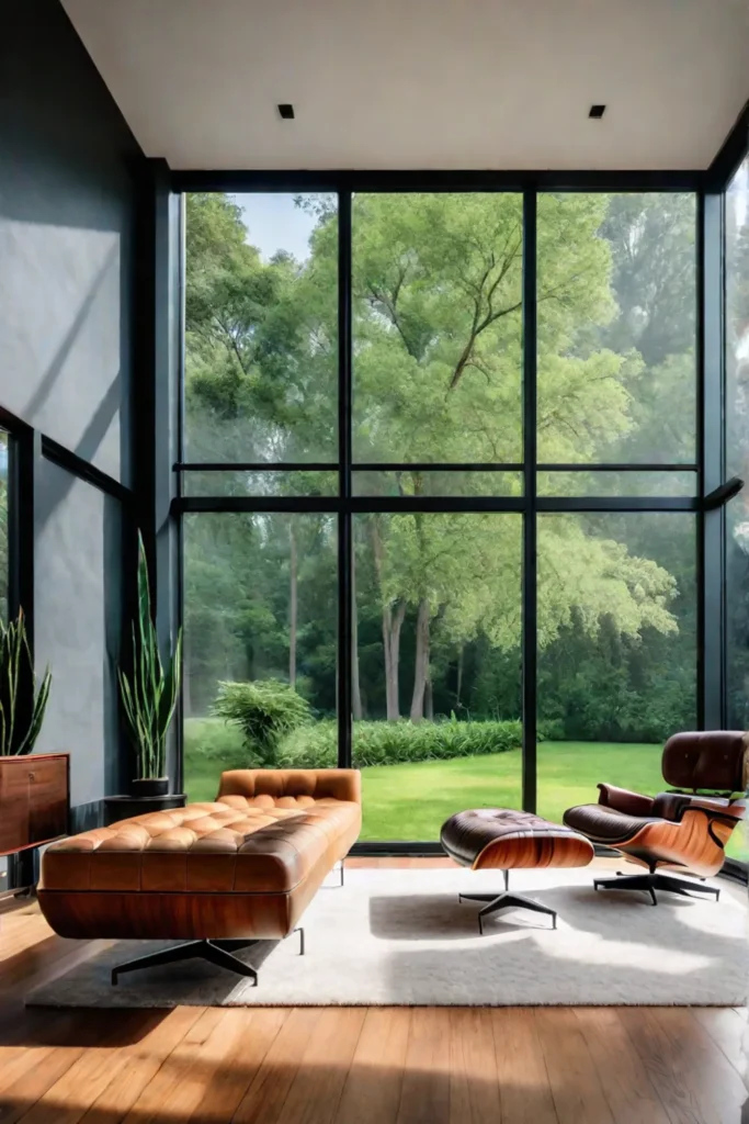 MidCentury Modern living room with tufted sofa Eames chairs and garden view