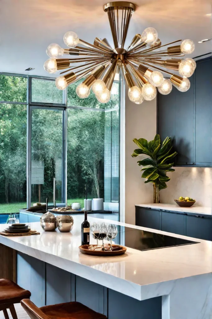 Midcentury modern kitchen with Sputnik chandelier