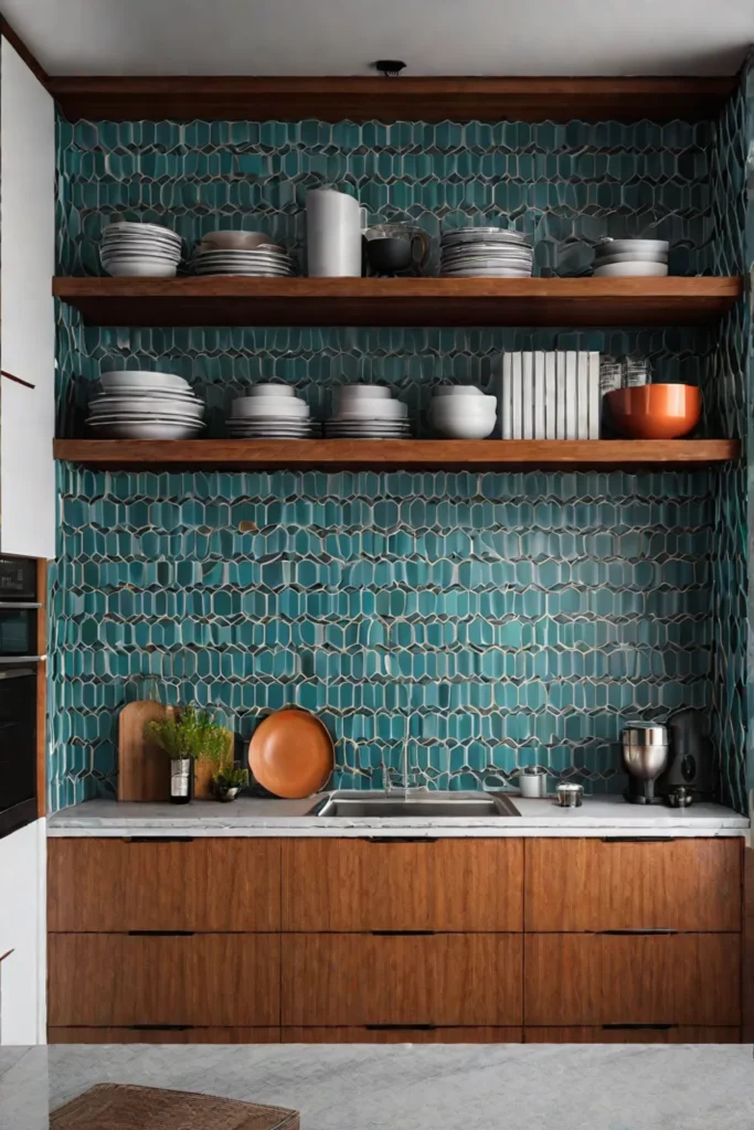 Midcentury modern kitchen with teak cabinets geometric wallpaper and open shelving