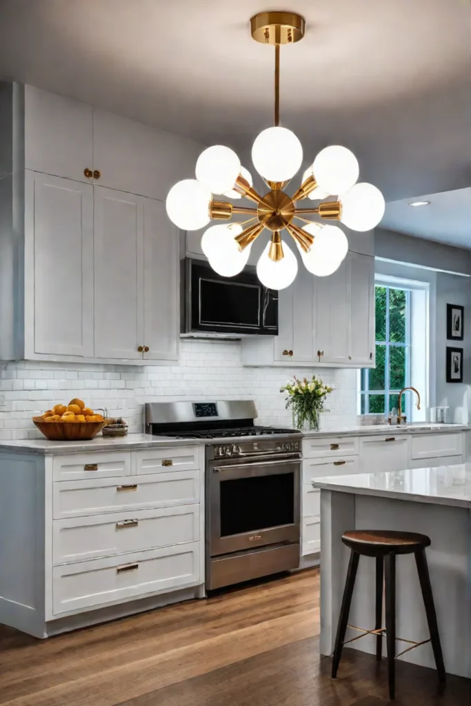 Midcentury modern kitchen with a Sputnik chandelier