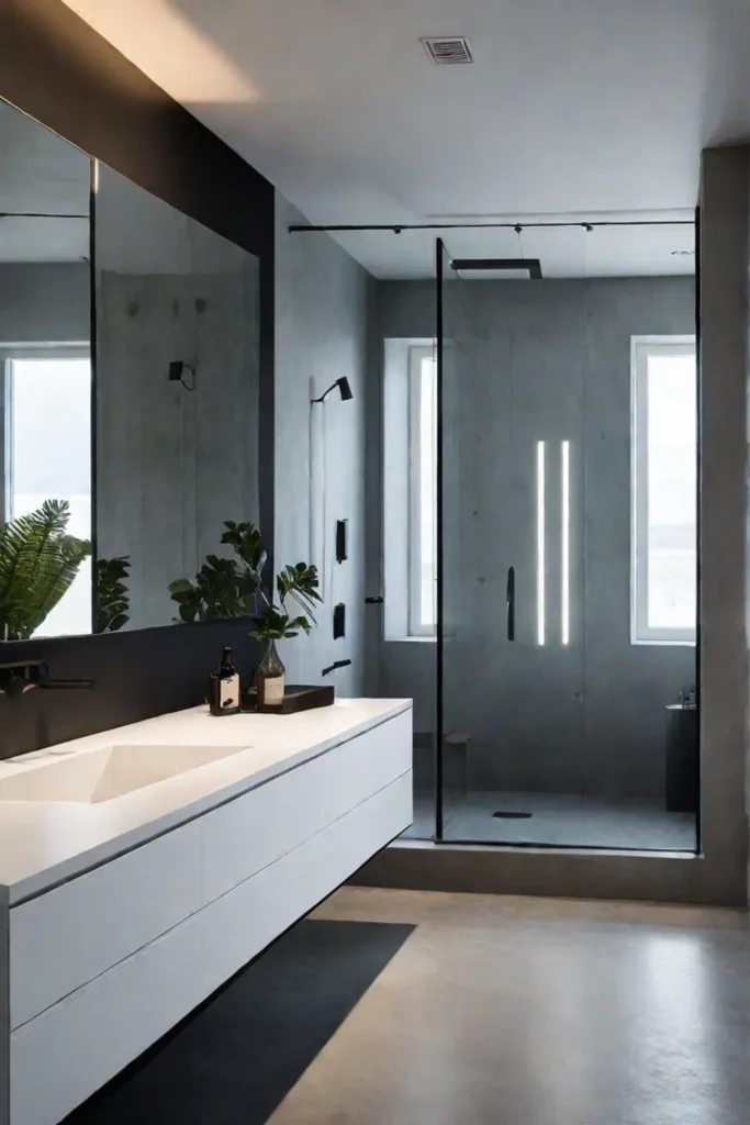 Minimalist bathroom with concrete floor and glass shower