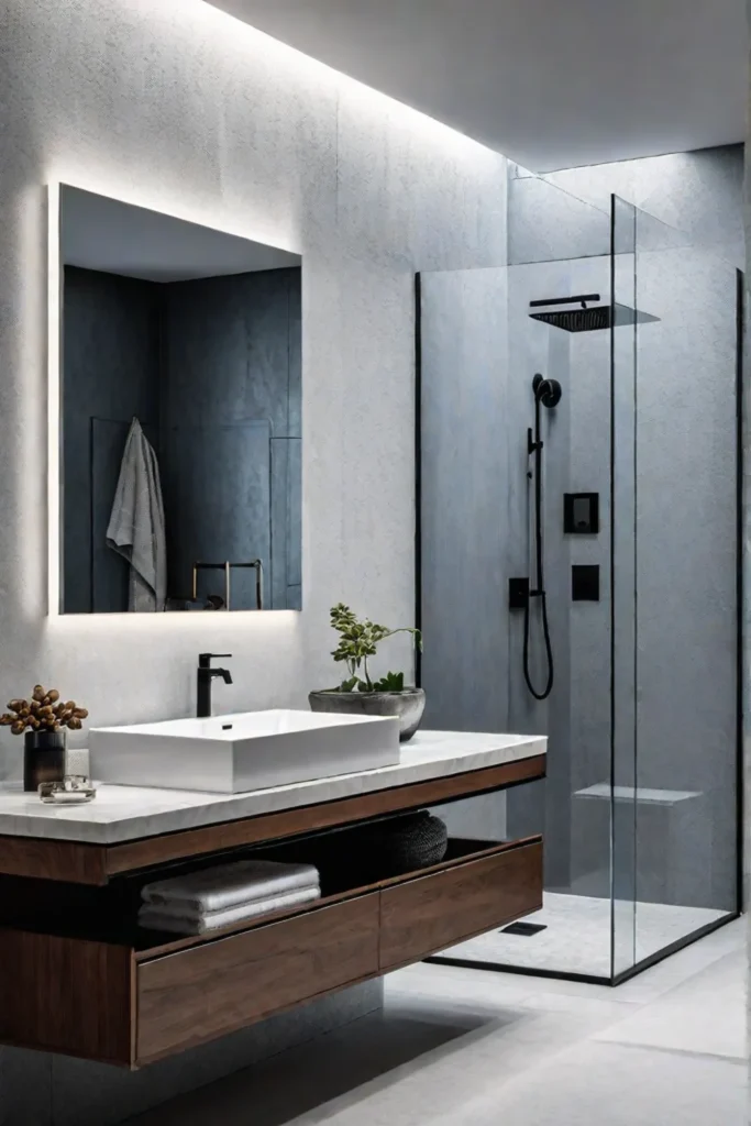 Minimalist bathroom with floating vanity and frameless mirror