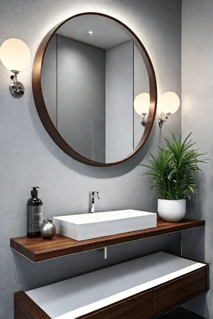Minimalist bathroom with round mirror and pedestal sink