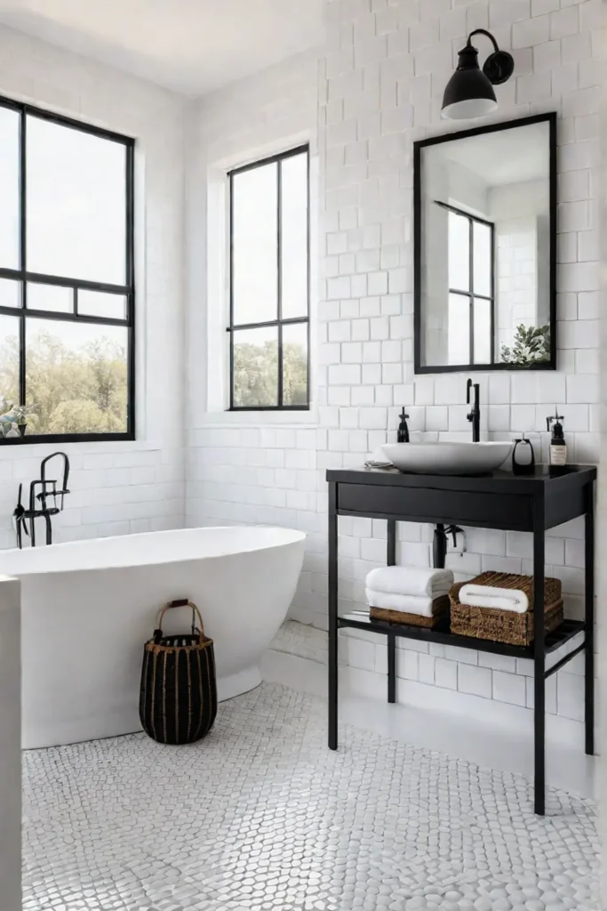 Minimalist bathroom with subway tile shower and floating shelf