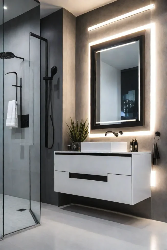 Minimalist bathroom with white tile floor and floating vanity