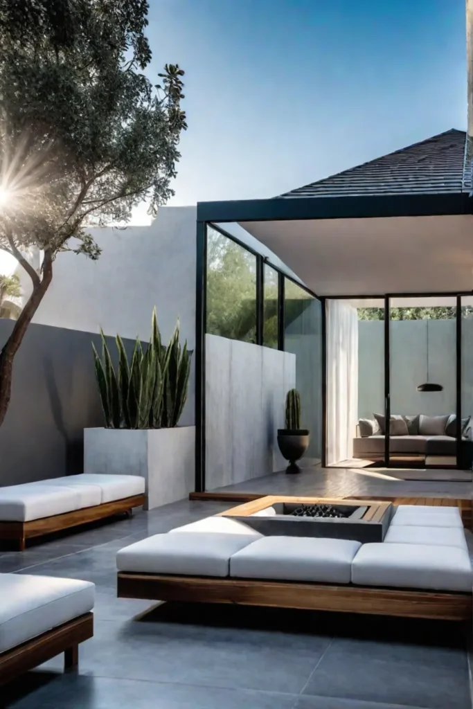 Modern backyard patio with concrete floor and geometric water feature