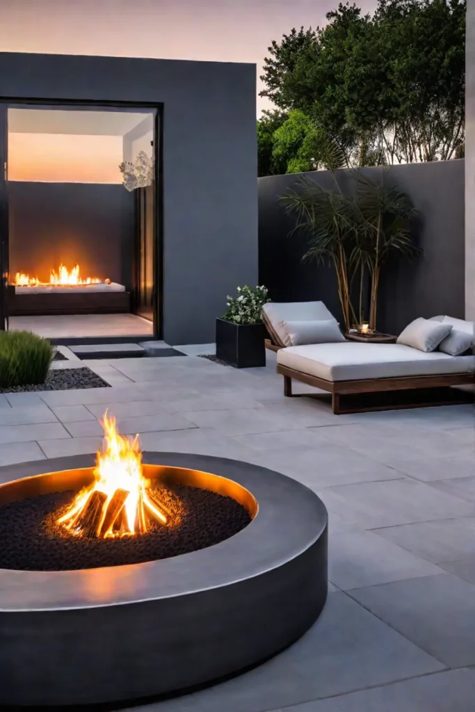 Modern backyard patio with concrete pavers and fire pit