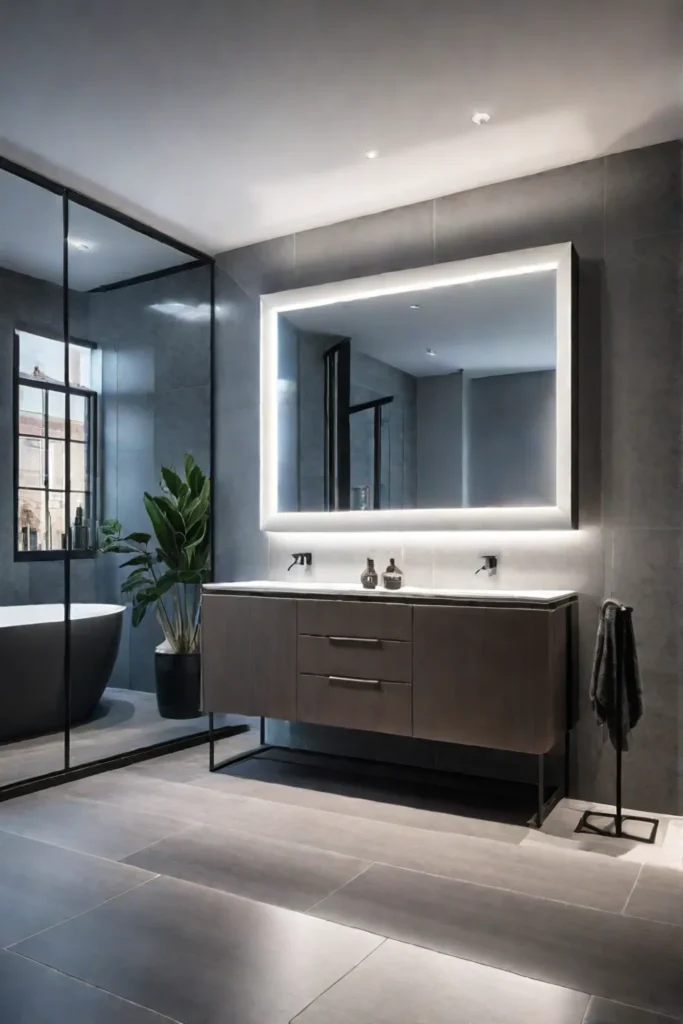 Modern bathroom featuring an oval mirror with integrated lighting