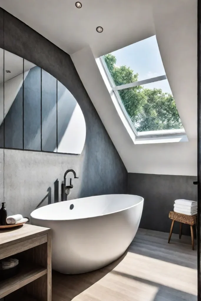 Modern bathroom with a curved wall skylight and a freestanding tub