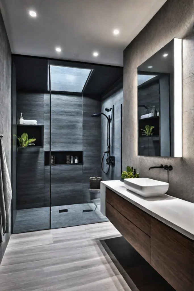 Modern bathroom with a custommade vanity with unique textures and patterns