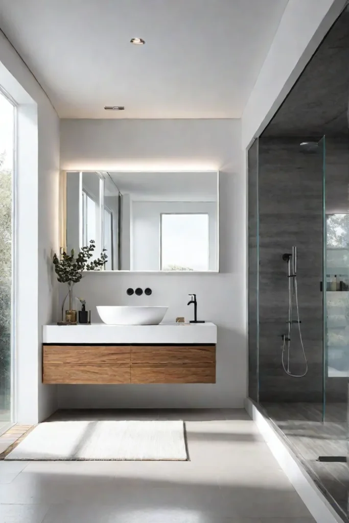 Modern bathroom with a floating vanity waterfall faucet and white walls