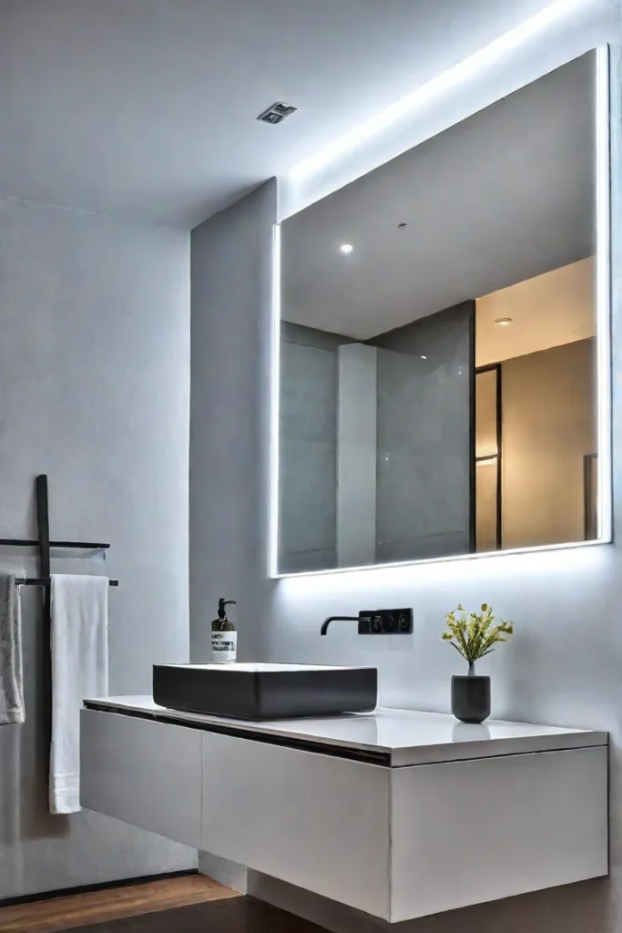 Modern bathroom with a smart mirror with touch controls and integrated lighting