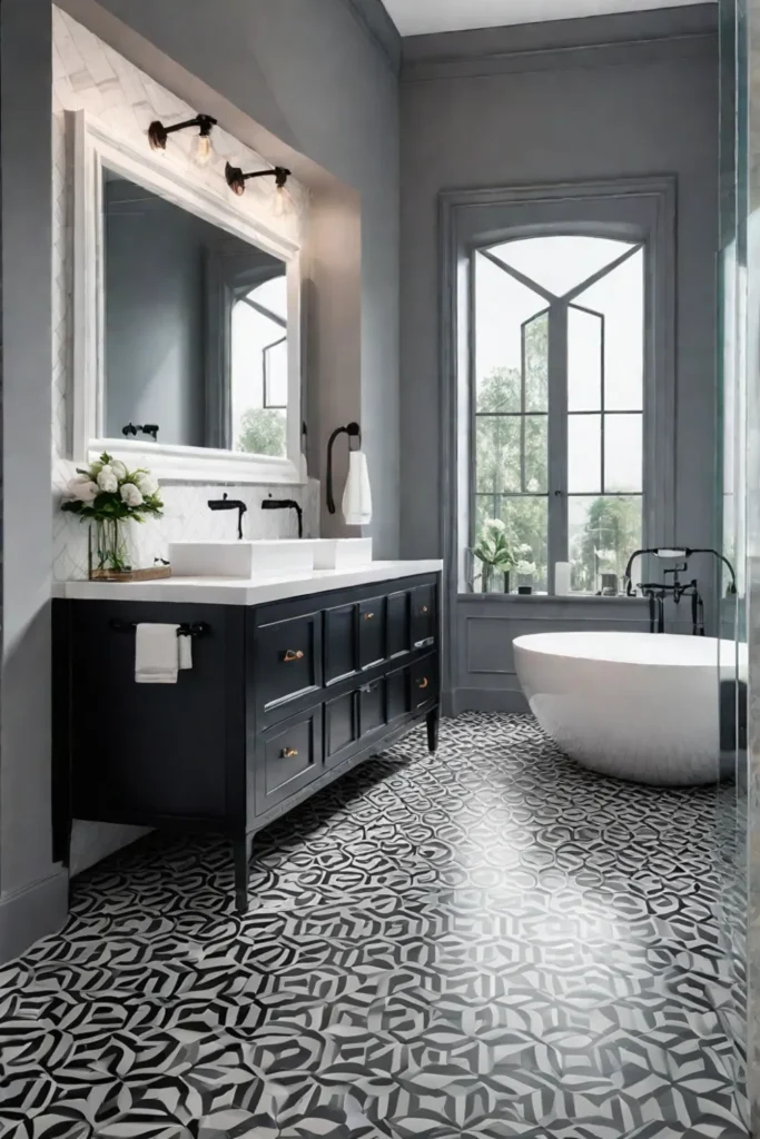 Modern bathroom with black vanity and geometric patterns