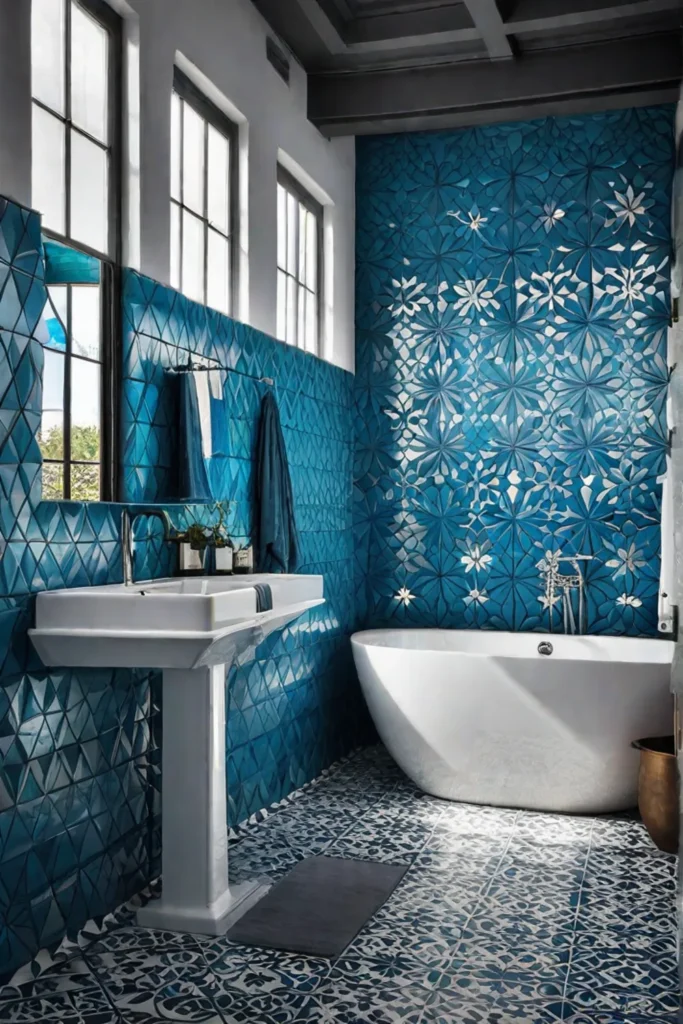 Modern bathroom with bold tile patterns on walls and floor