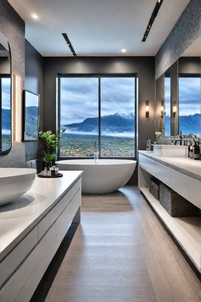 Modern bathroom with double sinks walkin shower and organized vanity