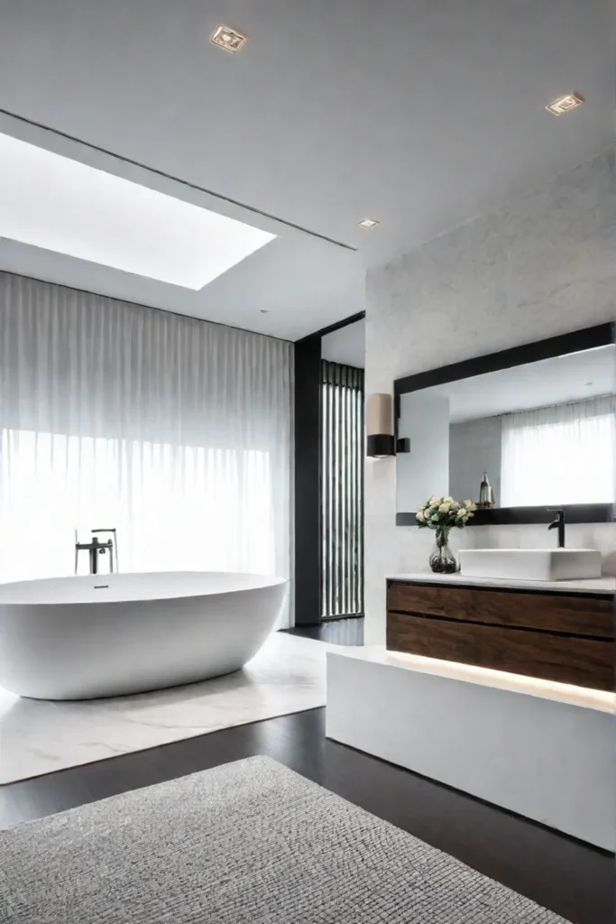 Modern bathroom with floating vanity and freestanding bathtub