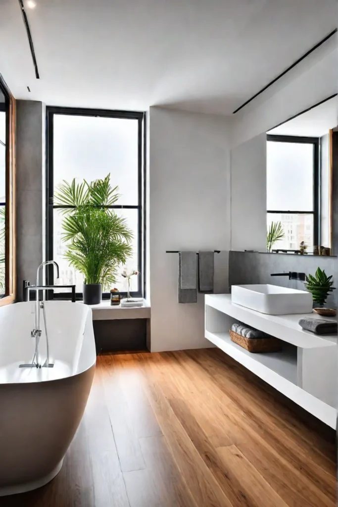 Modern bathroom with heated floor wood accents and a sleek vanity