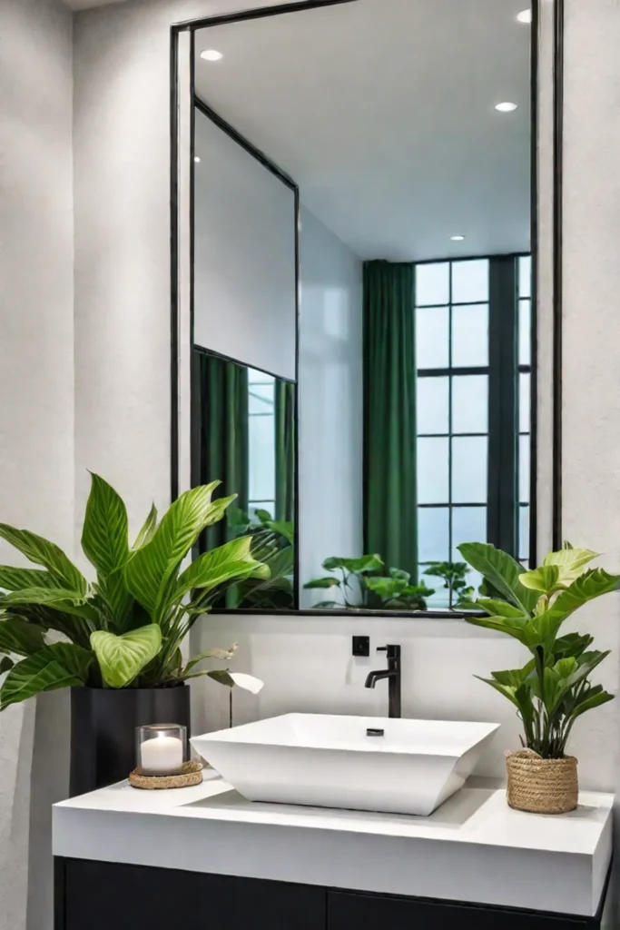 Modern bathroom with large mirror and plants