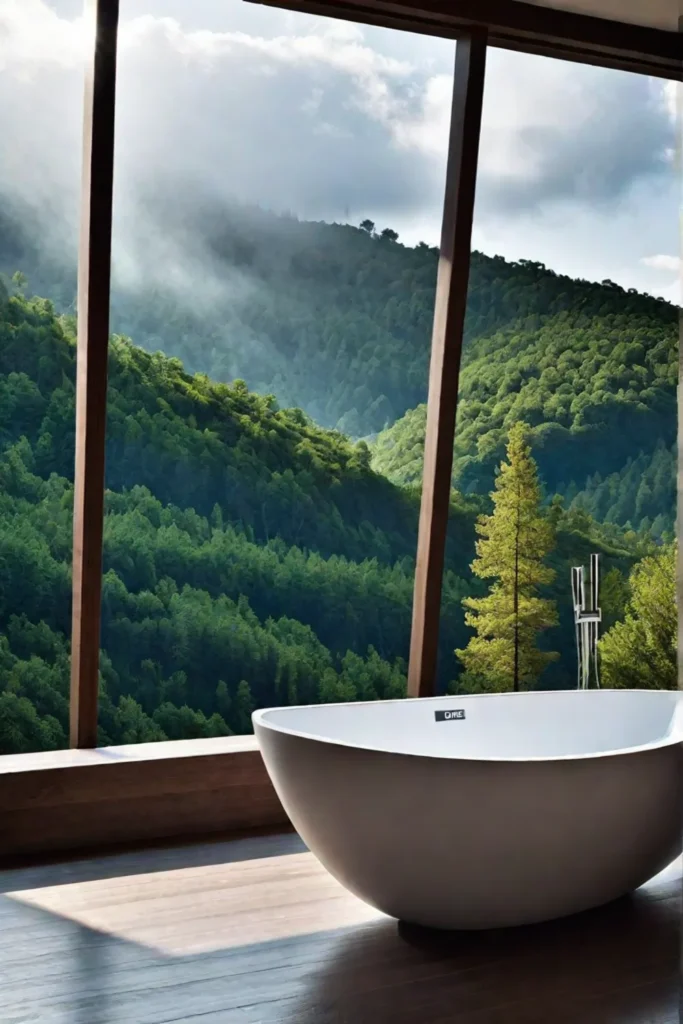 Modern bathroom with large window framing a lush outdoor view