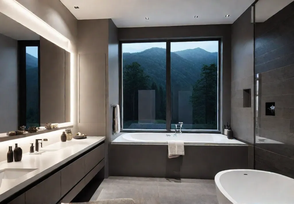 Modern bathroom with sleek fixtures neutral colors and hidden storagefeat
