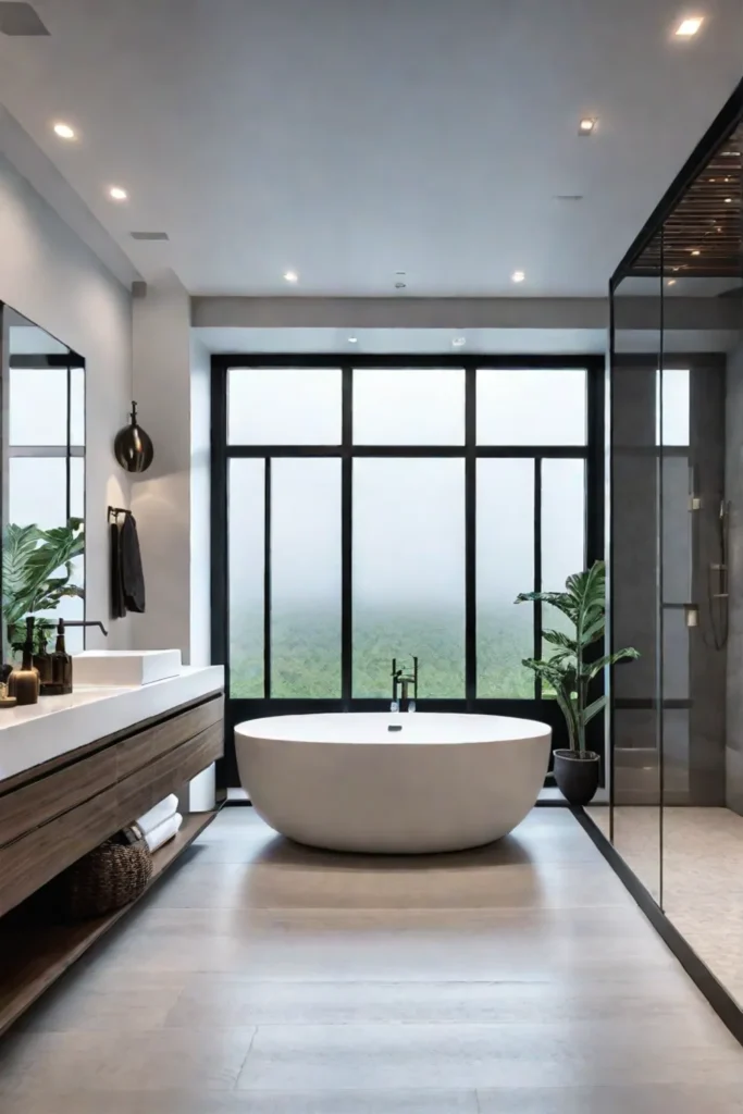 Modern bathroom with spacious vanity walkin shower and freestanding tub