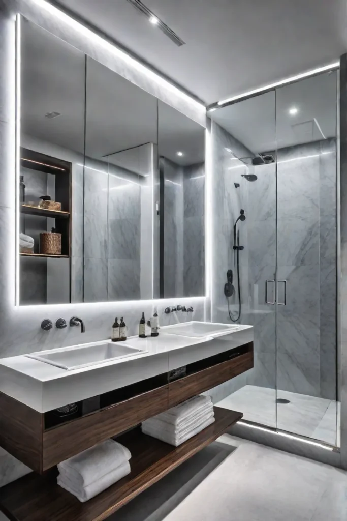 Modern bathroom with touchless faucets and smart mirror