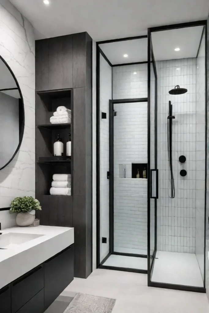 Modern bathroom with white walls and black vanity