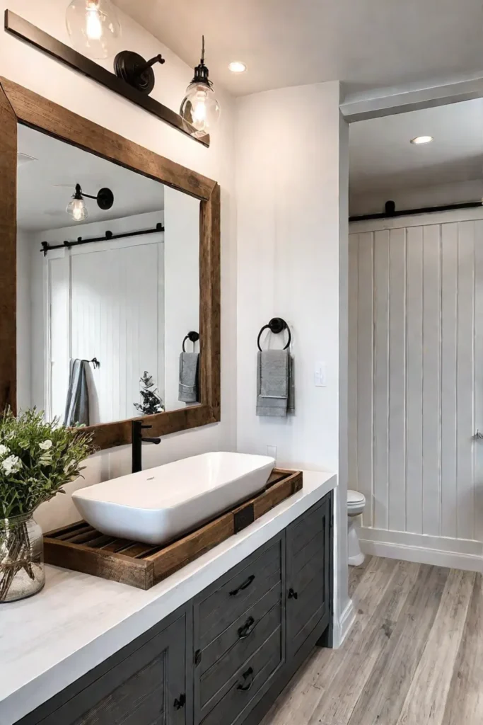 Modern farmhouse bathroom with shiplap wall and barn door