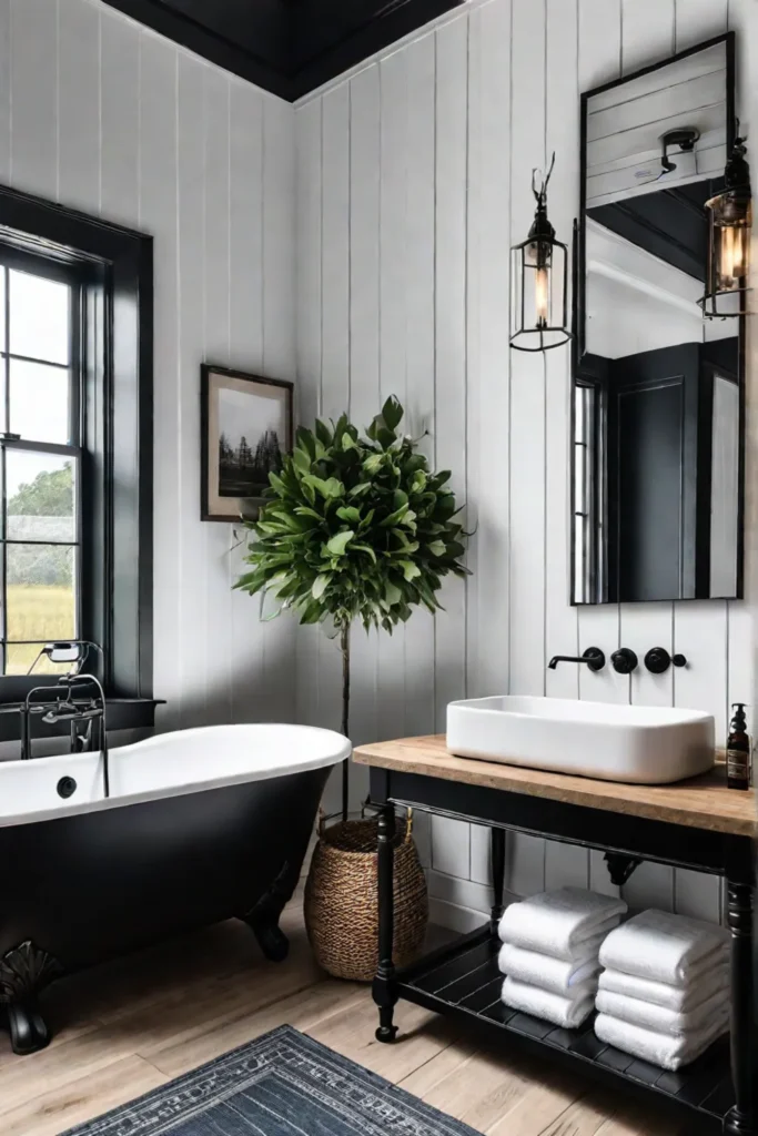 Modern farmhouse bathroom with shiplap wall and clawfoot tub