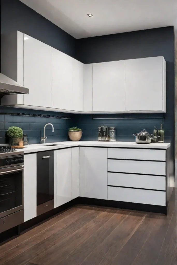 Modern kitchen corner cabinet with pullout shelves for pots and pans