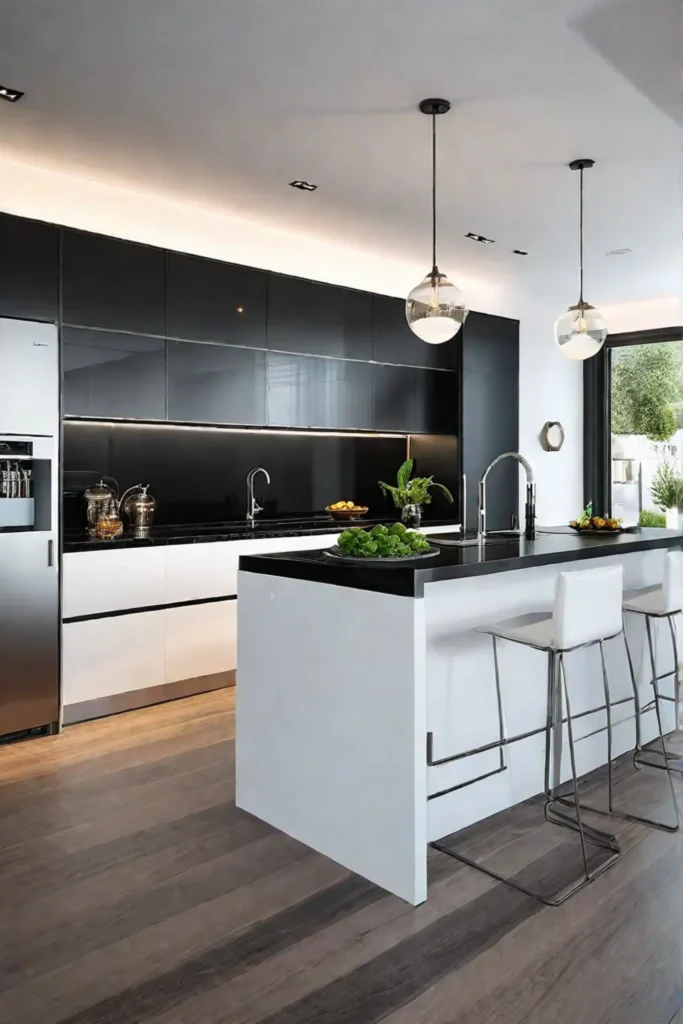 Modern kitchen with black granite countertops