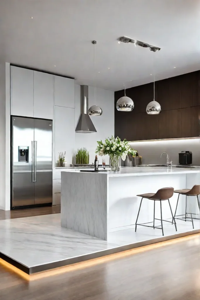 Modern kitchen with stainless steel countertops and appliances