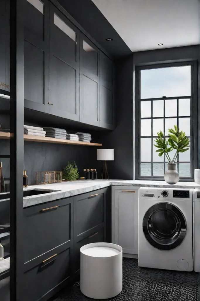 Modern laundry room with black cabinets
