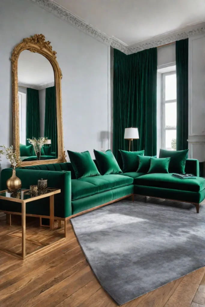 Modern living room with emerald green sofas and wooden accents