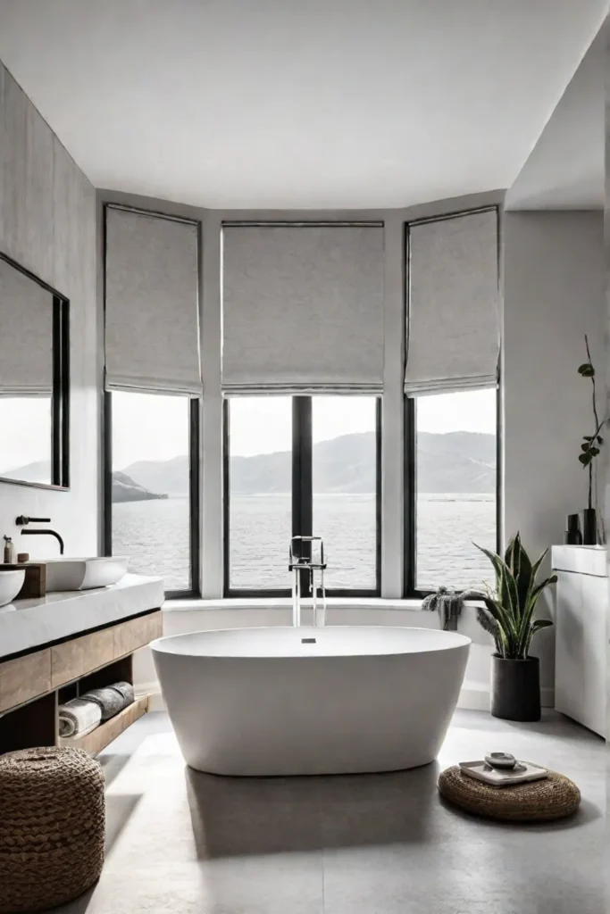 Modern minimalist bathroom with white tiles and a black freestanding tub