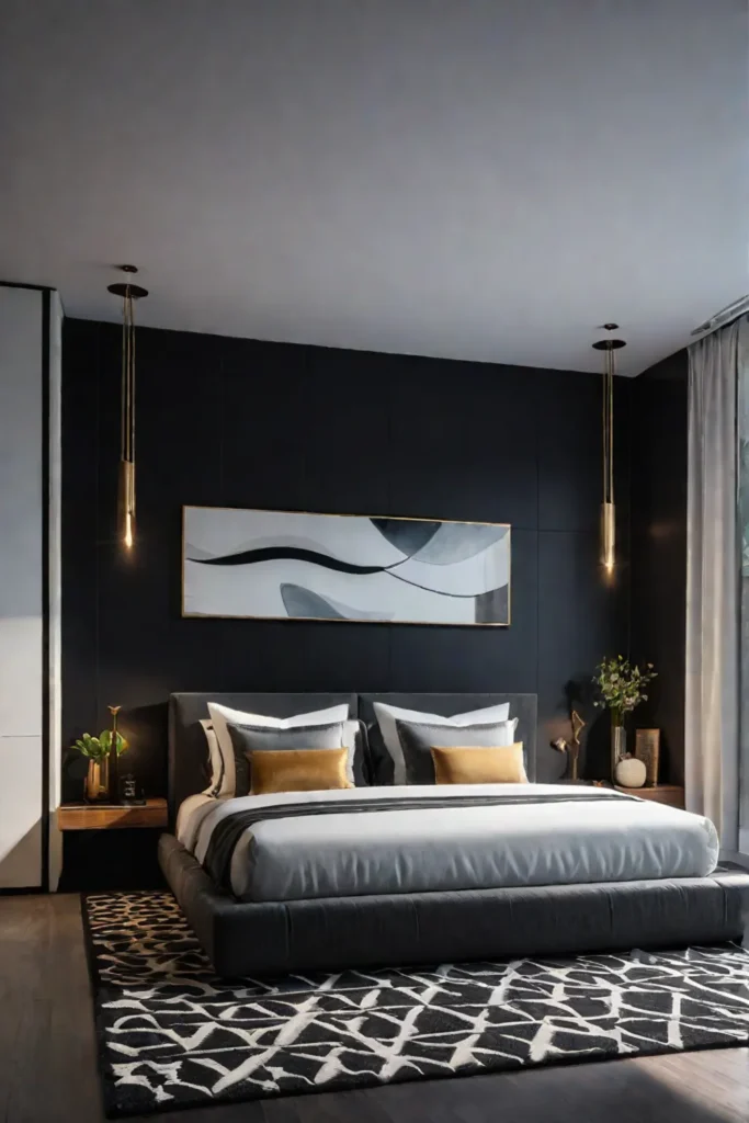 Modern minimalist bedroom with bold and dramatic accents