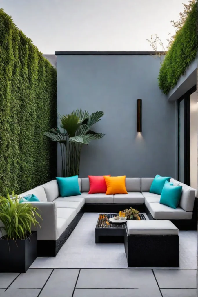 Modern patio with geometric furniture and greenery