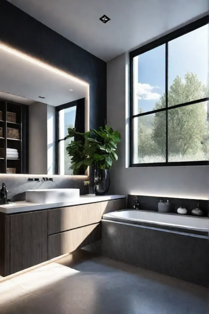 Modern small bathroom with large window and skylight