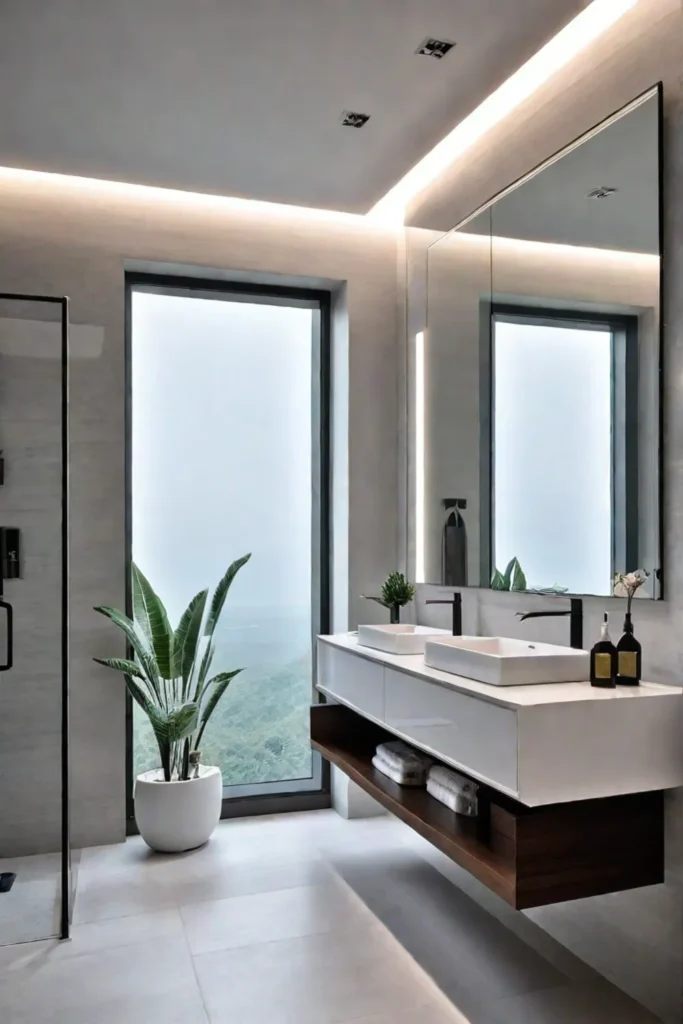 Modern small bathroom with sleek vanity and walkin shower