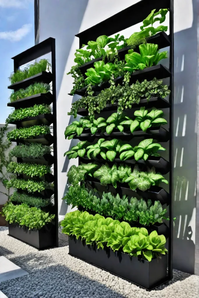 Modern vertical vegetable garden with metal planters