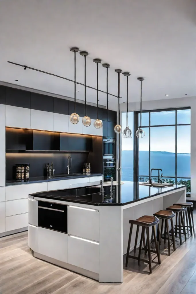 Modern kitchen with a combination of lighting options creating a functional and aesthetically pleasing space