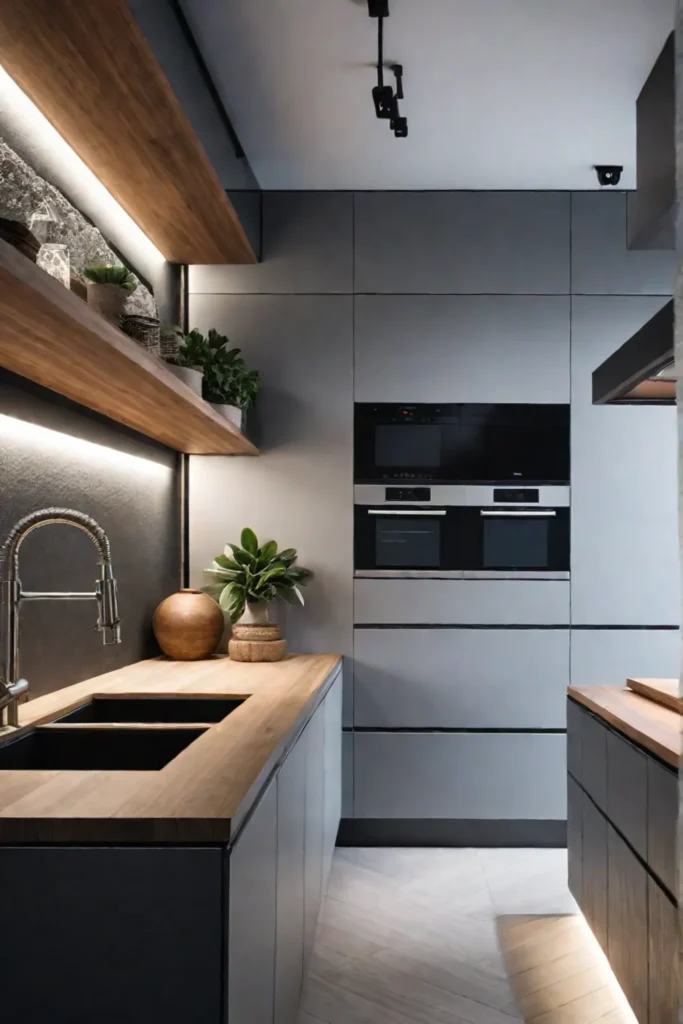 Modern kitchen with accent lighting highlighting open shelving and decorative items
