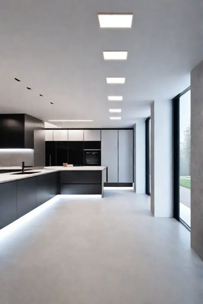 Modern kitchen with innovative LED light panels embedded in the ceiling creating a futuristic aesthetic