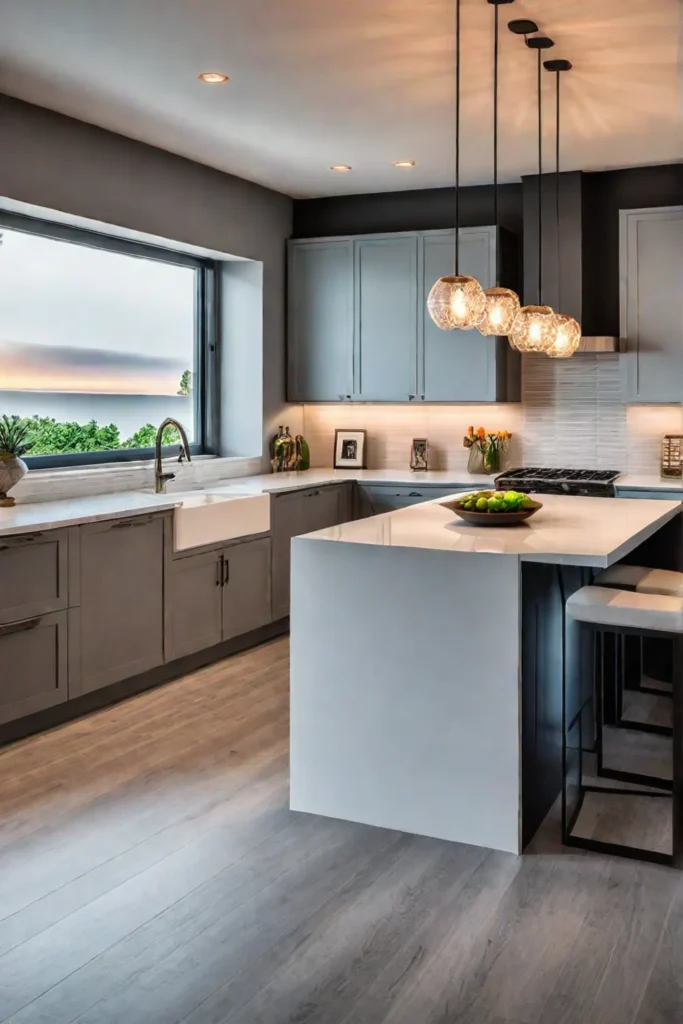 Modern kitchen with layered lighting showcasing recessed lights pendant lights and undercabinet lighting