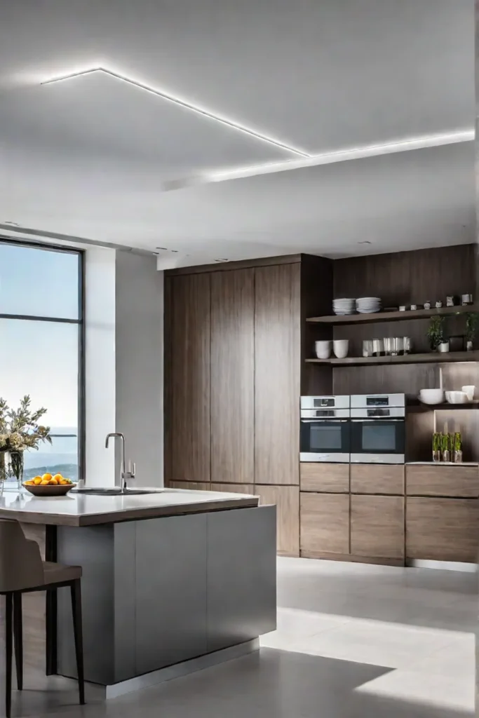 Modern kitchen with recessed lighting creating a bright and airy atmosphere