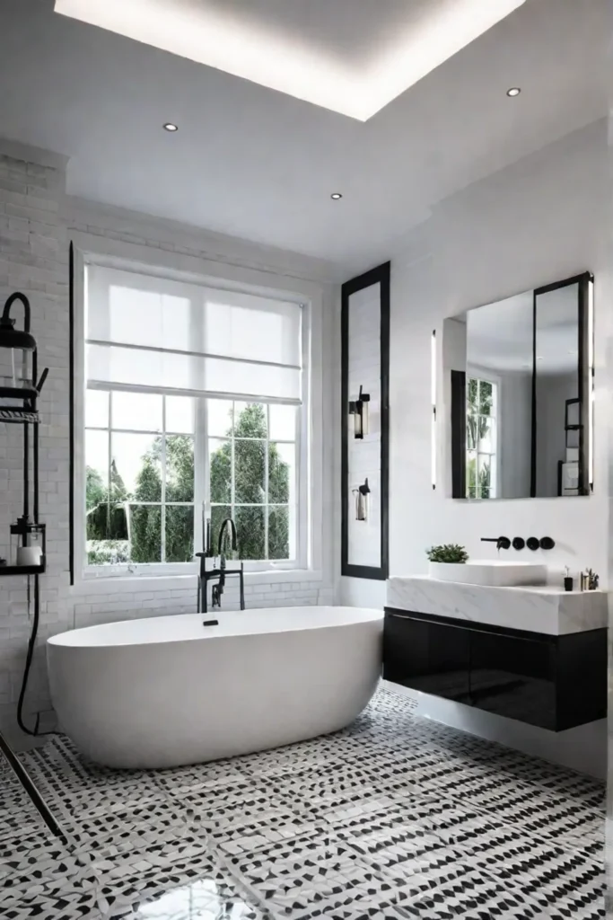 Monochrome modern bathroom with black and white tiles