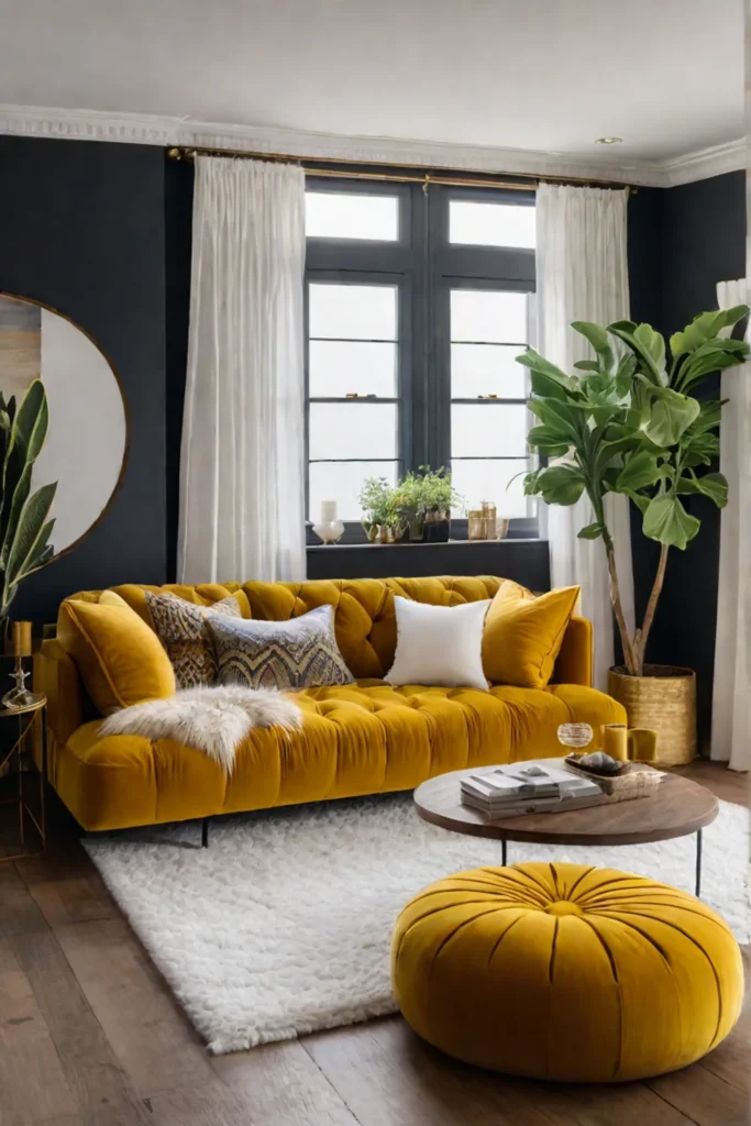 Mustard yellow velvet sofa with faux fur throws and chunky knit pillows