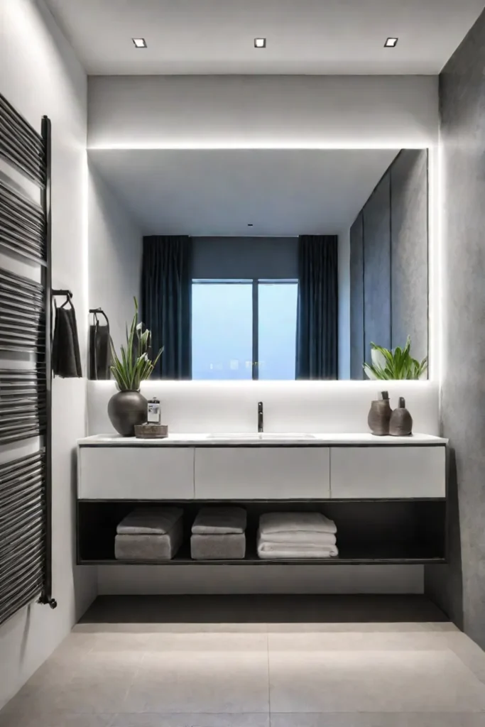 Narrow bathroom with a horizontal mirror for visual expansion