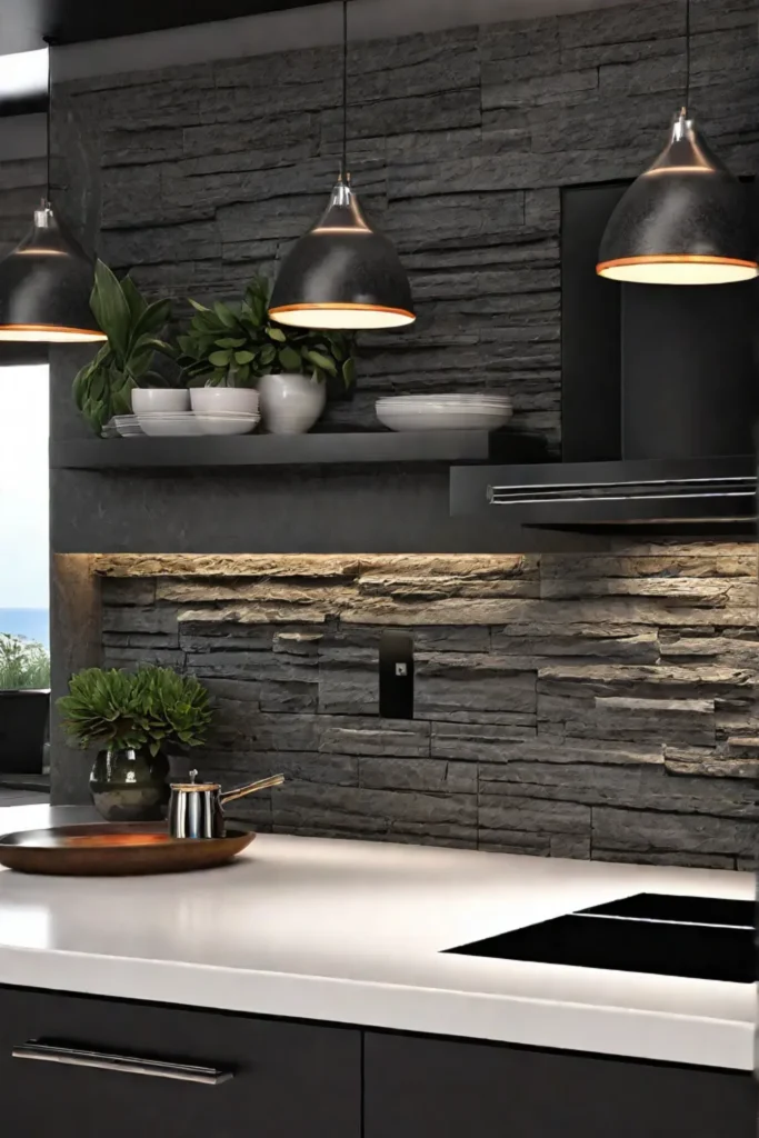 Natural stone backsplash in kitchen with dark cabinets